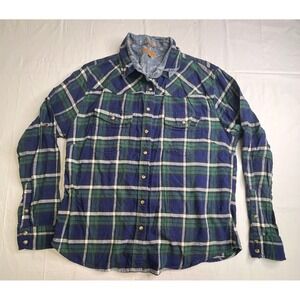 Jachs Girlfriend Mens XL Plaid Flannel Button Up Shirt Long Sleeve Blue Green‎